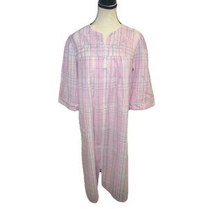Miss Elaine Robe House Coat Pink Plaid Zip Front Seersucker Duster Sz Petite Med